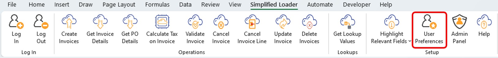 User Preference - Simplified Loader Excel for Oracle Fusion Cloud ERP